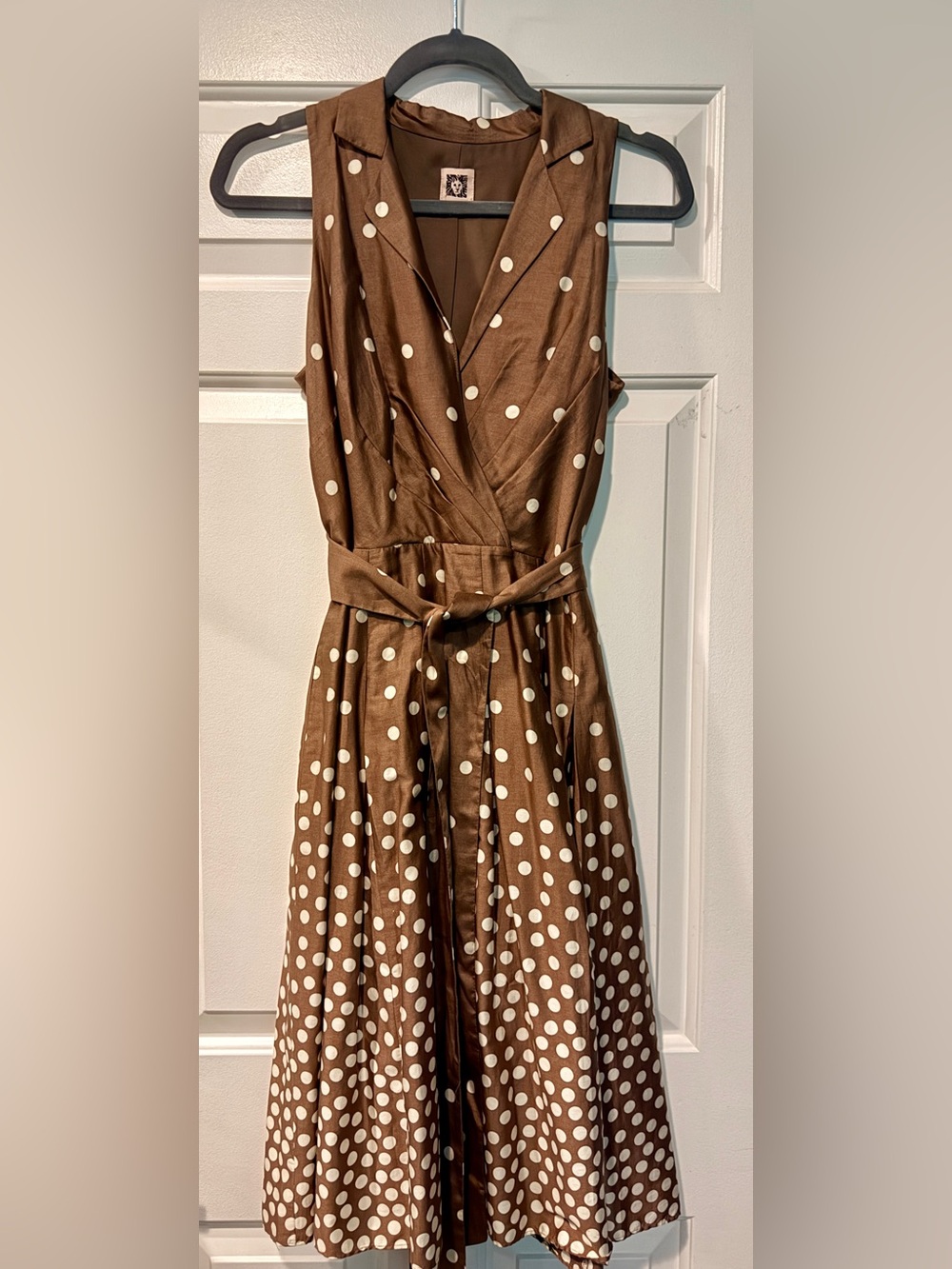 Anne Klein Sleeveless Brown Polka Dot Belted Midi Dress